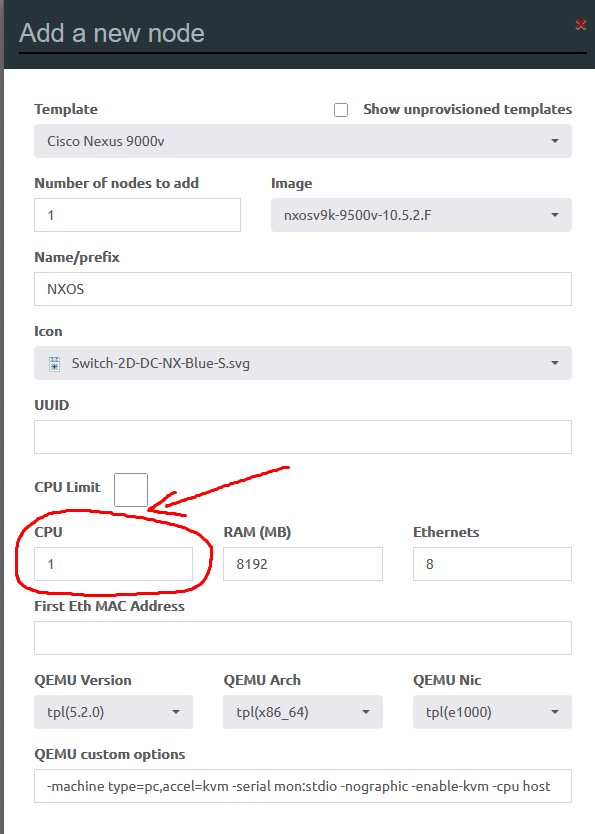 EVE-NG node creation screen highlighting where to set CPUs to 1